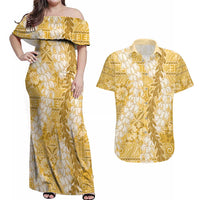 Gold Puakenikeni and Maile Lei Couples Matching Off Shoulder Maxi Dress and Hawaiian Shirt Hawaiian Style Tribal Tapa Double Strand Lei