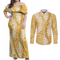 Gold Puakenikeni and Maile Lei Couples Matching Off Shoulder Maxi Dress and Long Sleeve Button Shirt Hawaiian Style Tribal Tapa Double Strand Lei