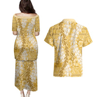 Gold Puakenikeni and Maile Lei Couples Matching Puletasi and Hawaiian Shirt Hawaiian Style Tribal Tapa Double Strand Lei