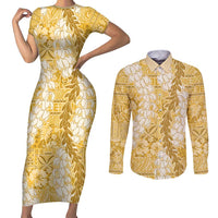 Gold Puakenikeni and Maile Lei Couples Matching Short Sleeve Bodycon Dress and Long Sleeve Button Shirt Hawaiian Style Tribal Tapa Double Strand Lei
