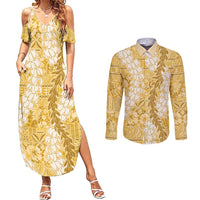 Gold Puakenikeni and Maile Lei Couples Matching Summer Maxi Dress and Long Sleeve Button Shirt Hawaiian Style Tribal Tapa Double Strand Lei