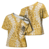 Gold Puakenikeni and Maile Lei Cross Shoulder Shirt Hawaiian Style Tribal Tapa Double Strand Lei - Polynesian Pride