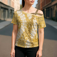 Gold Puakenikeni and Maile Lei Cross Shoulder Shirt Hawaiian Style Tribal Tapa Double Strand Lei - Polynesian Pride
