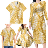 Gold Puakenikeni and Maile Lei Family Matching Long Sleeve Bodycon Dress and Hawaiian Shirt Hawaiian Style Tribal Tapa Double Strand Lei