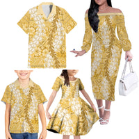 Gold Puakenikeni and Maile Lei Family Matching Off The Shoulder Long Sleeve Dress and Hawaiian Shirt Hawaiian Style Tribal Tapa Double Strand Lei