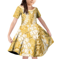 Gold Puakenikeni and Maile Lei Family Matching Off Shoulder Short Dress and Hawaiian Shirt Hawaiian Style Tribal Tapa Double Strand Lei