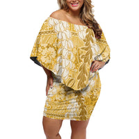 Gold Puakenikeni and Maile Lei Family Matching Off Shoulder Short Dress and Hawaiian Shirt Hawaiian Style Tribal Tapa Double Strand Lei