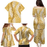 Gold Puakenikeni and Maile Lei Family Matching Puletasi and Hawaiian Shirt Hawaiian Style Tribal Tapa Double Strand Lei