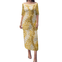 Gold Puakenikeni and Maile Lei Family Matching Puletasi and Hawaiian Shirt Hawaiian Style Tribal Tapa Double Strand Lei