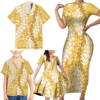 Gold Puakenikeni and Maile Lei Family Matching Short Sleeve Bodycon Dress and Hawaiian Shirt Hawaiian Style Tribal Tapa Double Strand Lei