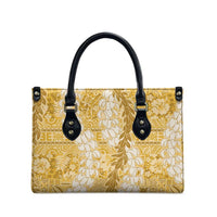 Gold Puakenikeni and Maile Lei Leather Bag Hawaiian Style Tribal Tapa Double Strand Lei LT9 - Polynesian Pride