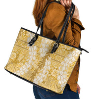 Gold Puakenikeni and Maile Lei Leather Tote Bag Hawaiian Style Tribal Tapa Double Strand Lei