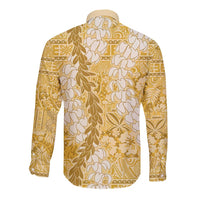 Gold Puakenikeni and Maile Lei Long Sleeve Button Shirt Hawaiian Style Tribal Tapa Double Strand Lei