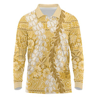 Gold Puakenikeni and Maile Lei Long Sleeve Polo Shirt Hawaiian Style Tribal Tapa Double Strand Lei