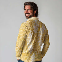 Gold Puakenikeni and Maile Lei Long Sleeve Polo Shirt Hawaiian Style Tribal Tapa Double Strand Lei