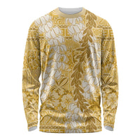 Gold Puakenikeni and Maile Lei Long Sleeve Shirt Hawaiian Style Tribal Tapa Double Strand Lei