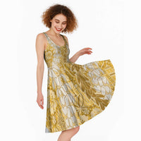 Gold Puakenikeni and Maile Lei Midi Dress Hawaiian Style Tribal Tapa Double Strand Lei - Polynesian Pride