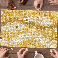 Gold Puakenikeni and Maile Lei Puzzle Hawaiian Style Tribal Tapa Double Strand Lei - Polynesian Pride