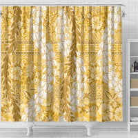 Gold Puakenikeni and Maile Lei Shower Curtain Hawaiian Style Tribal Tapa Double Strand Lei