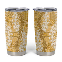 Gold Puakenikeni and Maile Lei Tumbler Cup Hawaiian Style Tribal Tapa Double Strand Lei
