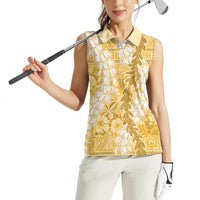 Gold Puakenikeni and Maile Lei Women Sleeveless Polo Shirt Hawaiian Style Tribal Tapa Double Strand Lei