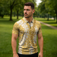 Gold Puakenikeni and Maile Lei Zipper Polo Shirt Hawaiian Style Tribal Tapa Double Strand Lei - Polynesian Pride