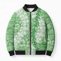 Green Puakenikeni and Maile Lei Bomber Puffer Jacket Hawaiian Style Tribal Tapa Double Strand Lei - Polynesian Pride