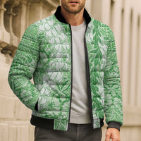 Green Puakenikeni and Maile Lei Bomber Puffer Jacket Hawaiian Style Tribal Tapa Double Strand Lei - Polynesian Pride