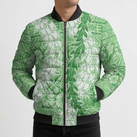 Green Puakenikeni and Maile Lei Bomber Puffer Jacket Hawaiian Style Tribal Tapa Double Strand Lei - Polynesian Pride