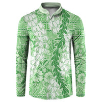 Green Puakenikeni and Maile Lei Button Sweatshirt Hawaiian Style Tribal Tapa Double Strand Lei