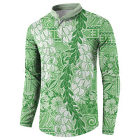 Green Puakenikeni and Maile Lei Button Sweatshirt Hawaiian Style Tribal Tapa Double Strand Lei