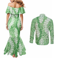 Green Puakenikeni and Maile Lei Couples Matching Mermaid Dress and Long Sleeve Button Shirt Hawaiian Style Tribal Tapa Double Strand Lei
