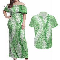 Green Puakenikeni and Maile Lei Couples Matching Off Shoulder Maxi Dress and Hawaiian Shirt Hawaiian Style Tribal Tapa Double Strand Lei