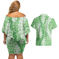 Green Puakenikeni and Maile Lei Couples Matching Off Shoulder Short Dress and Hawaiian Shirt Hawaiian Style Tribal Tapa Double Strand Lei