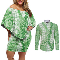 Green Puakenikeni and Maile Lei Couples Matching Off Shoulder Short Dress and Long Sleeve Button Shirt Hawaiian Style Tribal Tapa Double Strand Lei