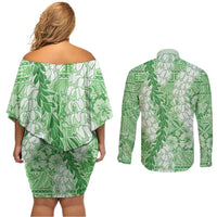 Green Puakenikeni and Maile Lei Couples Matching Off Shoulder Short Dress and Long Sleeve Button Shirt Hawaiian Style Tribal Tapa Double Strand Lei