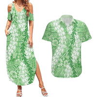 Green Puakenikeni and Maile Lei Couples Matching Summer Maxi Dress and Hawaiian Shirt Hawaiian Style Tribal Tapa Double Strand Lei