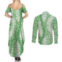 Green Puakenikeni and Maile Lei Couples Matching Summer Maxi Dress and Long Sleeve Button Shirt Hawaiian Style Tribal Tapa Double Strand Lei