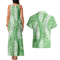 Green Puakenikeni and Maile Lei Couples Matching Tank Maxi Dress and Hawaiian Shirt Hawaiian Style Tribal Tapa Double Strand Lei