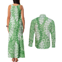 Green Puakenikeni and Maile Lei Couples Matching Tank Maxi Dress and Long Sleeve Button Shirt Hawaiian Style Tribal Tapa Double Strand Lei
