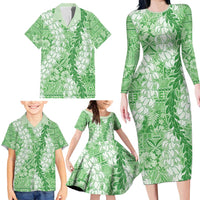 Green Puakenikeni and Maile Lei Family Matching Long Sleeve Bodycon Dress and Hawaiian Shirt Hawaiian Style Tribal Tapa Double Strand Lei
