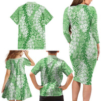 Green Puakenikeni and Maile Lei Family Matching Long Sleeve Bodycon Dress and Hawaiian Shirt Hawaiian Style Tribal Tapa Double Strand Lei