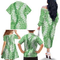 Green Puakenikeni and Maile Lei Family Matching Off The Shoulder Long Sleeve Dress and Hawaiian Shirt Hawaiian Style Tribal Tapa Double Strand Lei
