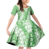 Green Puakenikeni and Maile Lei Family Matching Off Shoulder Short Dress and Hawaiian Shirt Hawaiian Style Tribal Tapa Double Strand Lei