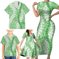 Green Puakenikeni and Maile Lei Family Matching Short Sleeve Bodycon Dress and Hawaiian Shirt Hawaiian Style Tribal Tapa Double Strand Lei