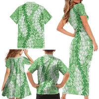 Green Puakenikeni and Maile Lei Family Matching Short Sleeve Bodycon Dress and Hawaiian Shirt Hawaiian Style Tribal Tapa Double Strand Lei