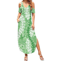 Green Puakenikeni and Maile Lei Family Matching Summer Maxi Dress and Hawaiian Shirt Hawaiian Style Tribal Tapa Double Strand Lei