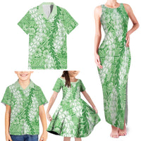 Green Puakenikeni and Maile Lei Family Matching Tank Maxi Dress and Hawaiian Shirt Hawaiian Style Tribal Tapa Double Strand Lei