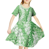 Green Puakenikeni and Maile Lei Kid Short Sleeve Dress Hawaiian Style Tribal Tapa Double Strand Lei