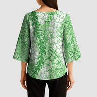 Green Puakenikeni and Maile Lei Kimono Sleeve Blouse Hawaiian Style Tribal Tapa Double Strand Lei - Polynesian Pride